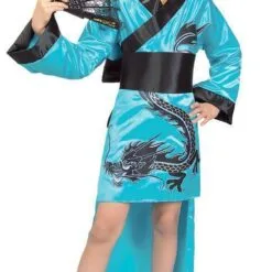 Teal Dragon Girl Kimono Costume For Kids